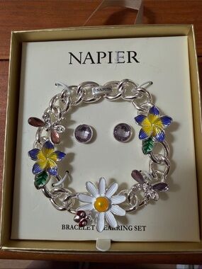 Napier Silver-Tone Floral Charm Bracelet with Purple Stud Earrings